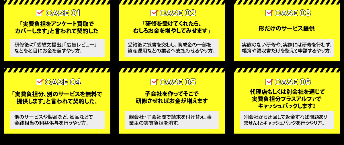 CASE01 「実費負担をアンケート買取でカバーします」と言われて契約した 研修後に「感想文提出」「広告レビュー」などを名目にお金を返すやり方。　CASE02 「研修を受けてくれたら、むしろお金を増やしてみせます」 受給後に覚書を交わし、助成金の一部を資産運用などの業者へ支払わせるやり方。　CASE03 形だけのサービス提供 受給後に覚書を交わし、助成金の一部を資産運用などの業者へ支払わせるやり方。　CASE04 「実費負担分、別のサービスを無料で提供します」と言われて契約した。 他のサービスや製品など、物品などで金銭相当の利益供与を行うやり方。　CASE05 子会社を作ってそこで研修させればお金が増えます 親会社・子会社間で請求を付け替え、事業主の実質負担を消す。　CASE06 代理店もしくは別会社を通じて実費負担分プラスアルファでキャッシュバックします！ 別会社から迂回して返金すれば問題ありません！とキャッシュバックを行うやり方。